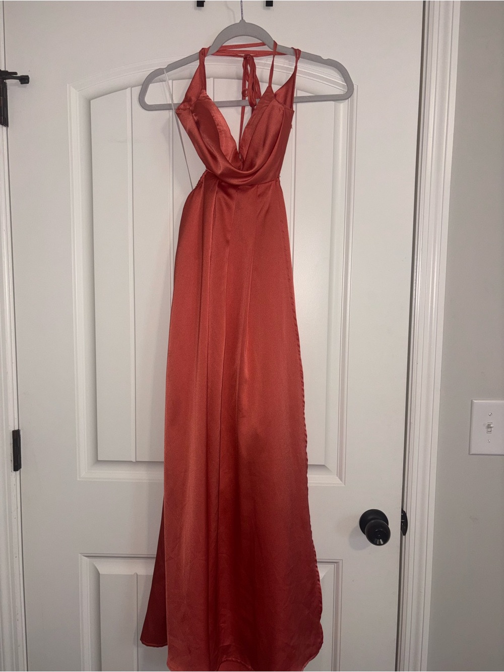 Satin Cowl Halter Prom Gown in Rust